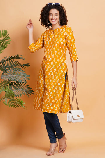"Mustard  yellow with white motifs kurti"