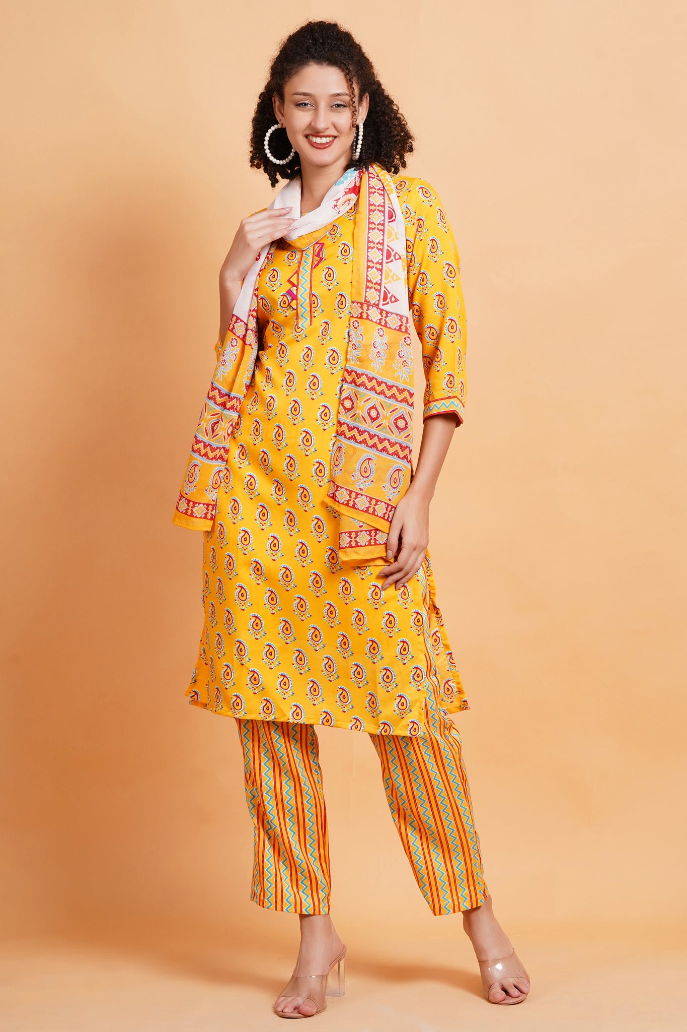 "Yellow motif print Kurti with white print dupatta"
